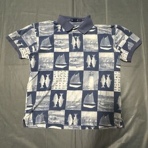 Vintage Nautica Shirt Mens Medium Sailboats Lighthouse Fish AOP Print Blue Polo